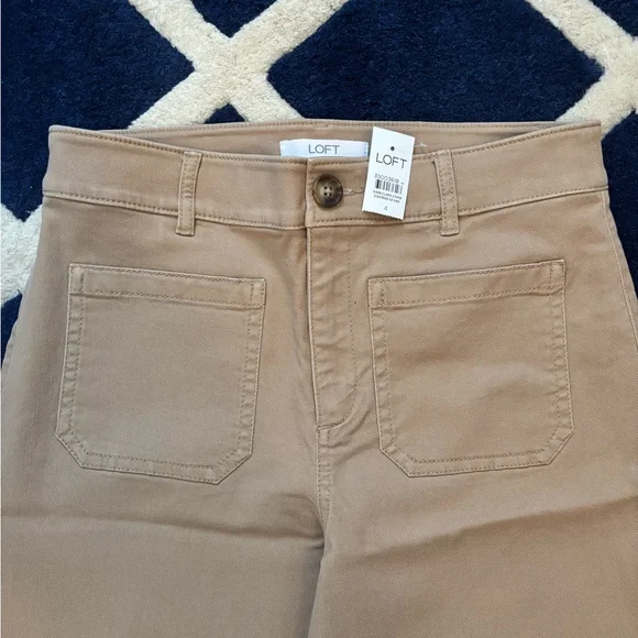 NEW LOFT Palmer Wide Leg Pants 4 Twill Beige Khaki Button Patch Pocket Trousers - Picture 1 of 6